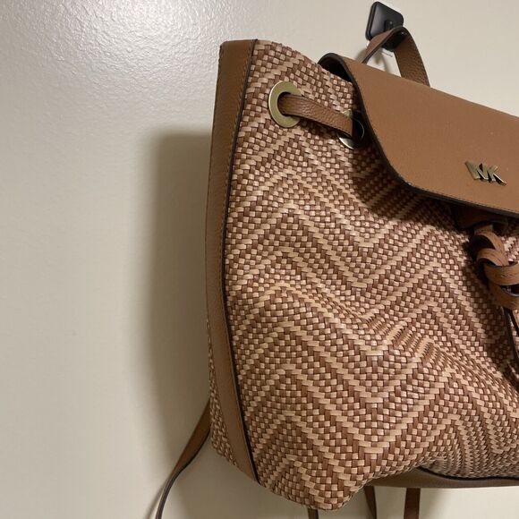 Michael Kors Junie Woven Leather Acorn Butternut Medium Leather Backpack - Picture 5 of 12